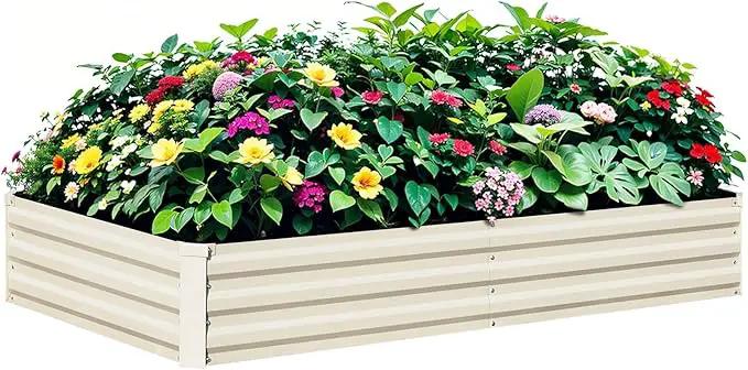Raised Garden Bed Beige, 6x3x1ft Galvanized Raised Garden Bed Outdoor Metal for Gardening Vegetables Flower Garden Planter Box Large Raised Bed with Gloves and 3ftx30ft Weed Barrier Fabric by GreenHaven Gardens