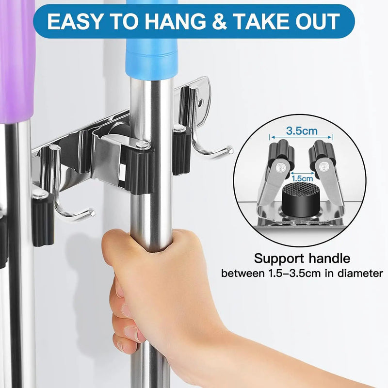 IMILLET Broom Holder Wall Mounted, Stainless Steel Broom Mop Holder Self Adhesive Heavy Duty Hooks Storage Organizer for Home Laundry Room Garden Garage Closet Kitchen 1 Pack（5 Racks with 4 Hooks） by GreenHaven Gardens