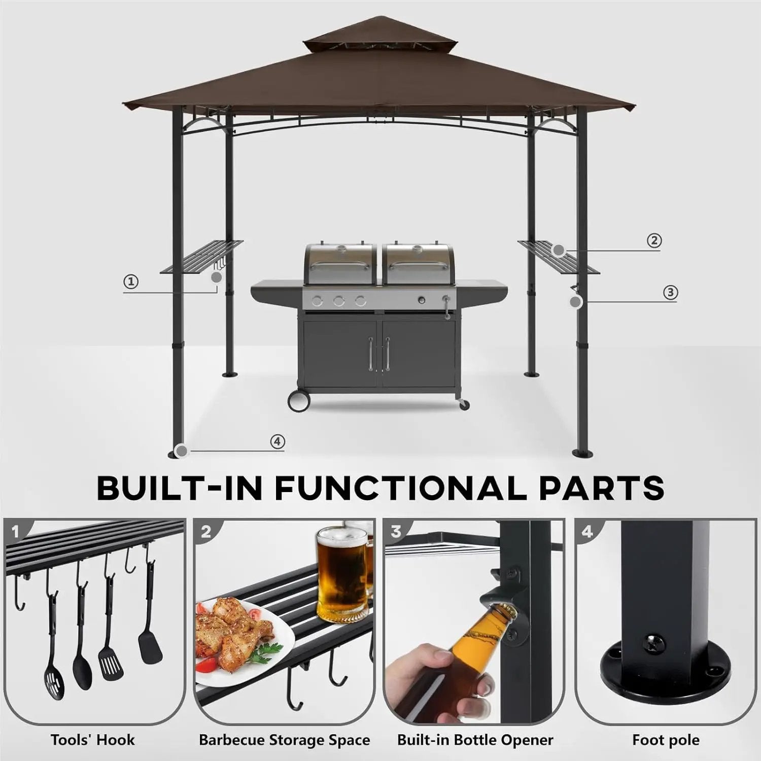 COOSHADE 8'x 5' Grill Gazebo Double Tiered Outdoor BBQ Gazebo Canopy with LED Light (Brown) by GreenHaven Gardens