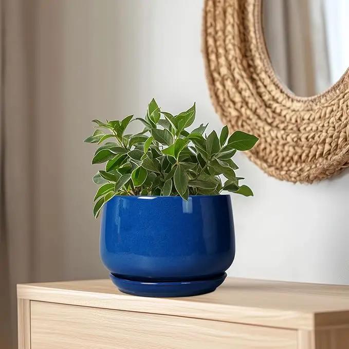 G EPGardening Ceramic Pots for Plants, 9 Inch Modern Round Planter with Drainage and Tray Indoor Outdoor for Flower, Patio Decor, Housewarming Gifts, Blue by GreenHaven Gardens
