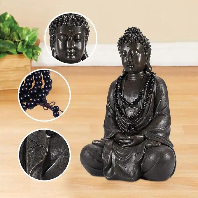 Goodeco 11.4" Meditating Buddha Statue Home Decor - Meditation Gifts for Room/Garden/Patio/Deck/Porch Yard Art Decoration, Zen Decor Buda Statues with Natural Wood Beaded Necklace by GreenHaven Gardens