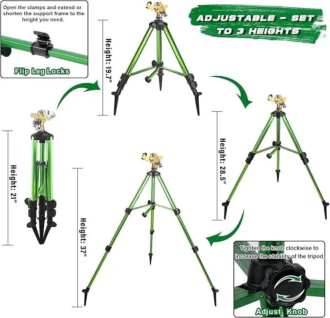 Triumpeek Impact Sprinkler on Tripod Base with Stakes, 360 Degree Large Area Coverage Irrigator with Extension Legs, Adjustable Brass Sprinkler Head Nozzle and 3/4" NH Inlet Hose Connection (1) by GreenHaven Gardens