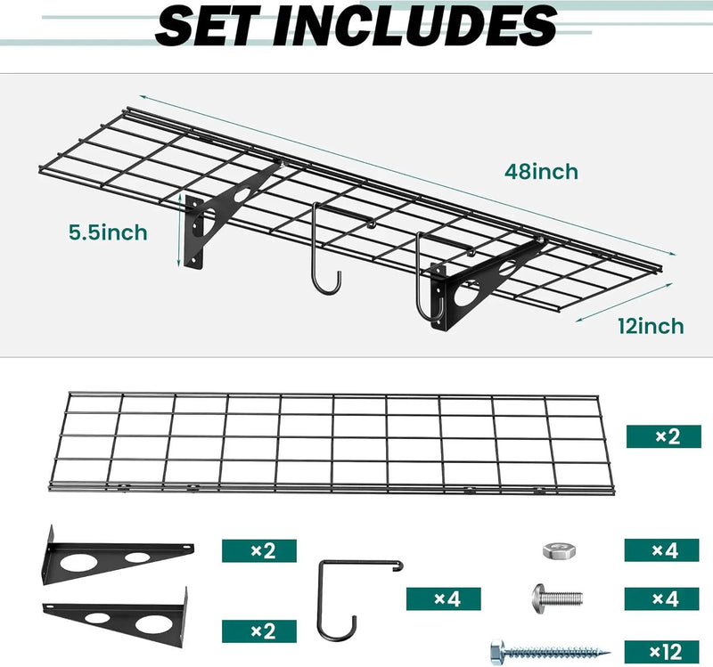 EVERHANGER Garage Wall Shelves, 12 X 48 Inch Wall Mounted Storage Shelves, Heavy Duty Metal Shelving with Hooks, 2 Pack, Black by GreenHaven Gardens