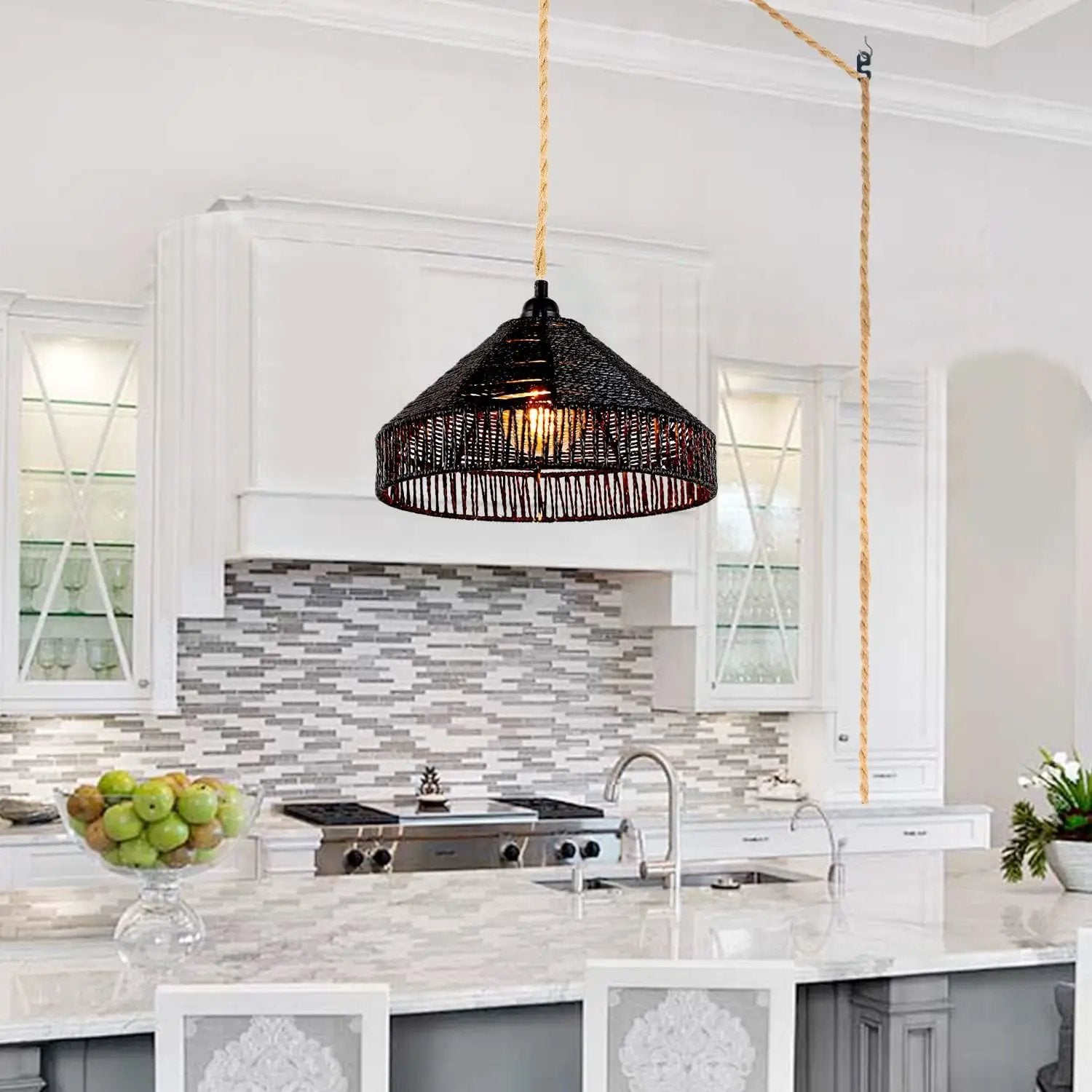 Plug in Pendant Light Rattan Hanging Lamp with On/Off Switch 15 Ft Hemp Rope Modern Woven Pendant Light Fixtures 12" Handwoven Rattan Basket Shade Boho by GreenHaven Gardens