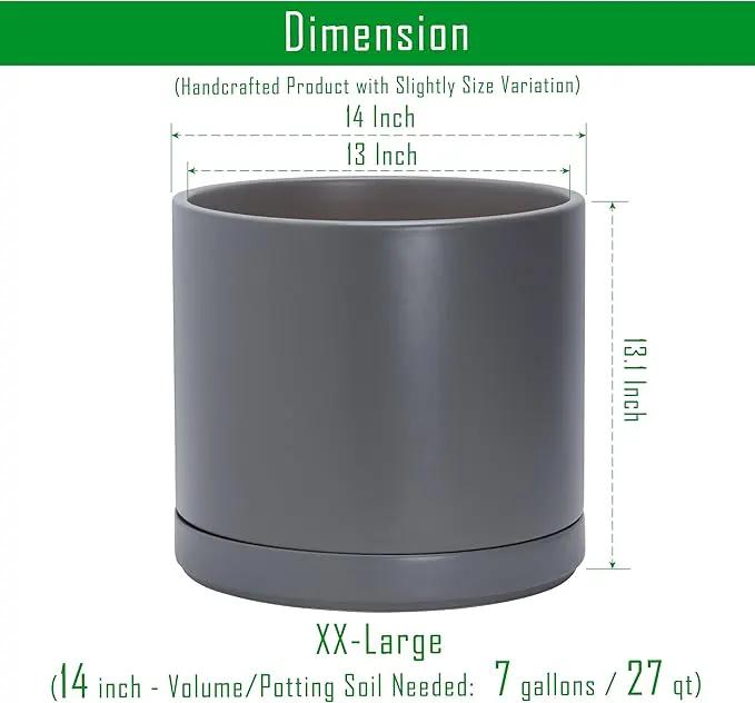 D'vine Dev 14 Inch Ceramic Planter Pot with Drainage Hole and Saucer, Indoor Cylinder Round Planter Pot, Speckled Grey, 94-O-G-3 by GreenHaven Gardens
