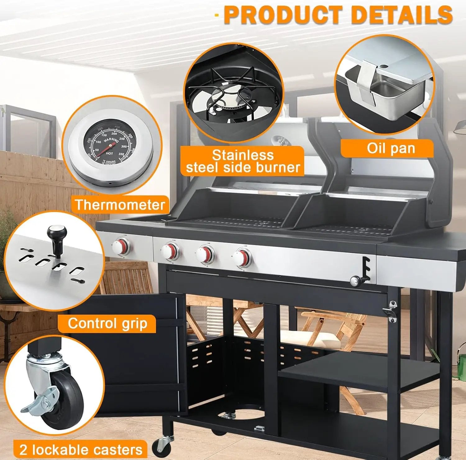 3-Burner Gas and Charcoal Combo Grill with Griddle Plate, 37,230 BTU, Stainless Steel & Enameled Grates, Side Burner + Storage Cabinet for Backyard, Tailgating, Teppanyaki by GreenHaven Gardens