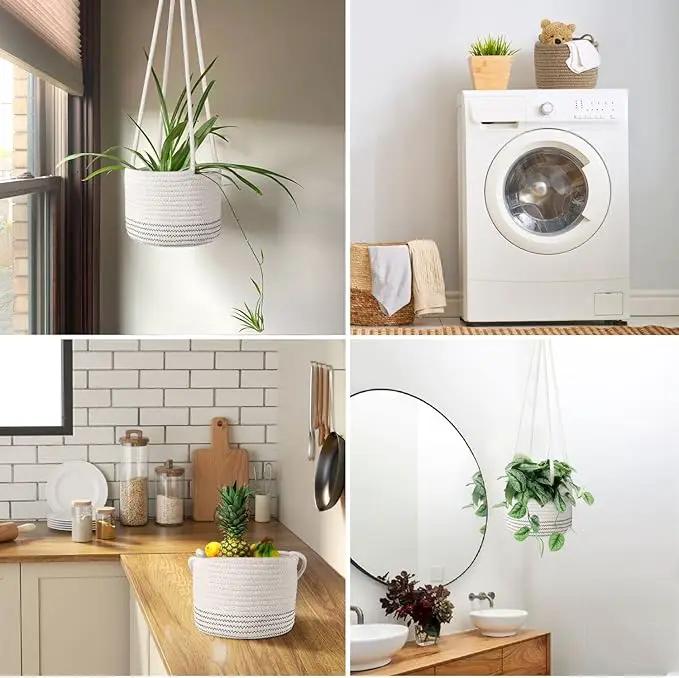 Flexzion Hanging Plant Basket Boho Cotton Rope Basket Indoor Hanging Planter, Up to 7" Flower Pot, Macrame Woven Modern Plant Holder, Storage Bin Organizer, Home Decor with 20" Hanging Rope, White by GreenHaven Gardens