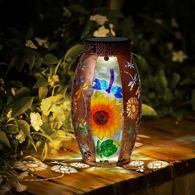 Solar Lanterns Outdoor Hanging Light - Sunflower Dragonfly Solar Powered LED Glass Lights Decorative Waterproof Tabletop Lamp with Hollowed-Out Design for Yard Table Patio Garden Pathway Holiday by GreenHaven Gardens