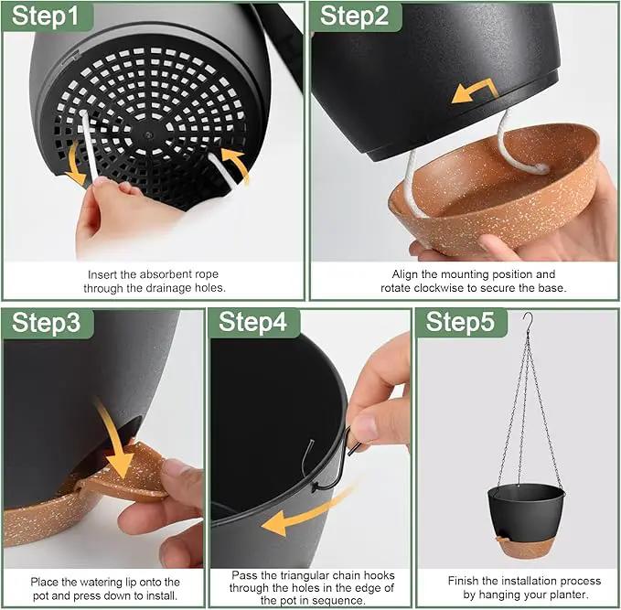 10/9/8 Inch Hanging Planter for Indoor Outdoor Plants, 3 Pack Self-Watering Hanging Pot with Drainage Holes Hanging Planter Baskets Plant Pots with Removable Tray (Black+Brown) by GreenHaven Gardens