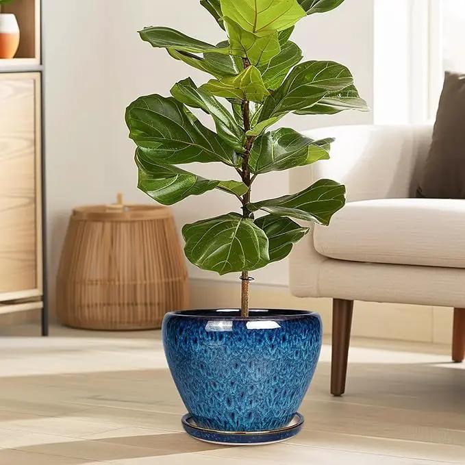 8 Inch Ceramic Plant Pot, Ceramic Planter Pot for Indoor Outdoor Plants, Round Flower Pot with Drainage Hole and Saucer, Blue by GreenHaven Gardens