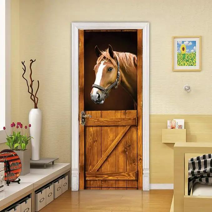3D Door Stickers Murals - Horse Peel and Stick - Wallpaper Self-Adhesive Decals Removable PVC Waterproof Poster for Bedroom Living Room 35.4" x 78.7" by GreenHaven Gardens