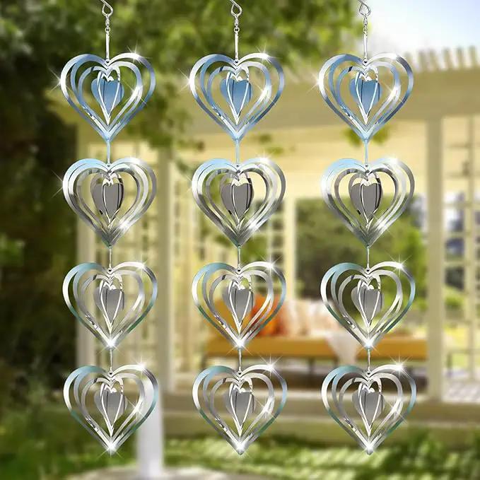 12 Metal Heart Bird Scarer Discs Set, Wind Spinners 3D Helix Reflector Stainless Steel Sparkly Outdoor Garden Decor, Scare Birds & Animals Away from Garden Yard Patio Lawn Farm Wind Sculpture Gifts by GreenHaven Gardens