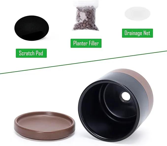 D'vine Dev Set of 2 Plants Pots, 3.5 Inch Ceramic Planter Pot for Plants with Drainage Hole and Saucer, Black/Speckled Tan, 94-V-A-7 by GreenHaven Gardens