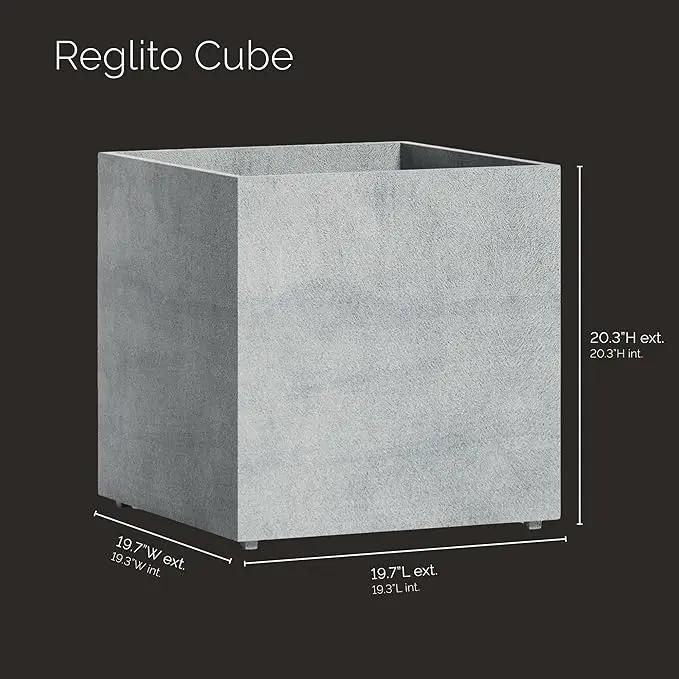 Reglito Cube Planter – Fiberglass Indoor/Outdoor and Weather-Resistant Large Planter (Concrete Stone, 19.7" L x 19.7" W x 20.3" H) by GreenHaven Gardens