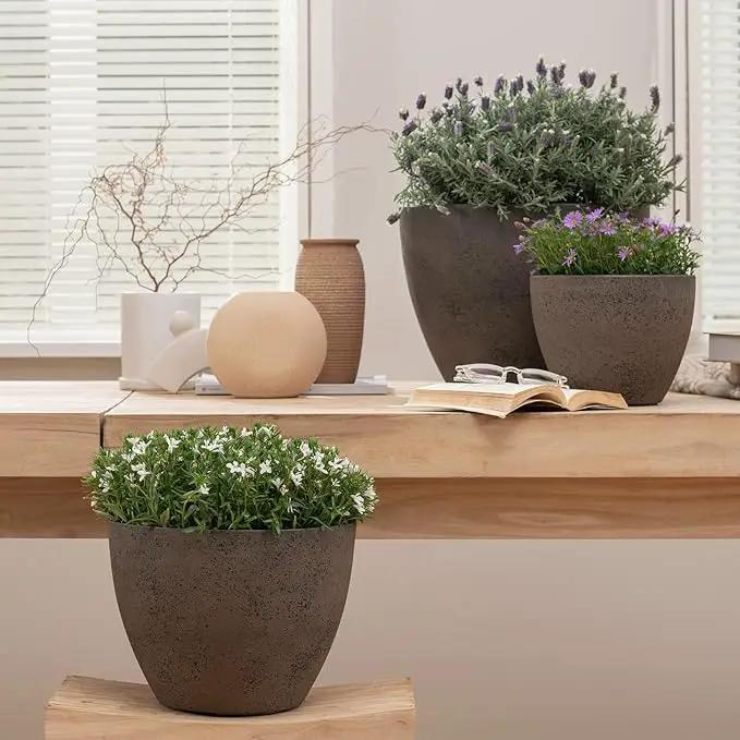 LA JOLIE MUSE 14.2/11.3/8.6 Inch Large Planters,Indoor/Outdoor Round Planters Set of 3,New Iron Plant Container with Drain Holes,Tree Flower Plant Pots for Patio and Deck by GreenHaven Gardens