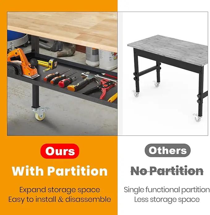 48"/60'' Adjustable Workbench, Rubber Wood Top Work Bench Heavy-Duty Work Table with Power Outlet, Wheels, Partition 2000 LBS Load Capacity Hardwood Work Benches for Garage, Workshop, Home, Office by GreenHaven Gardens