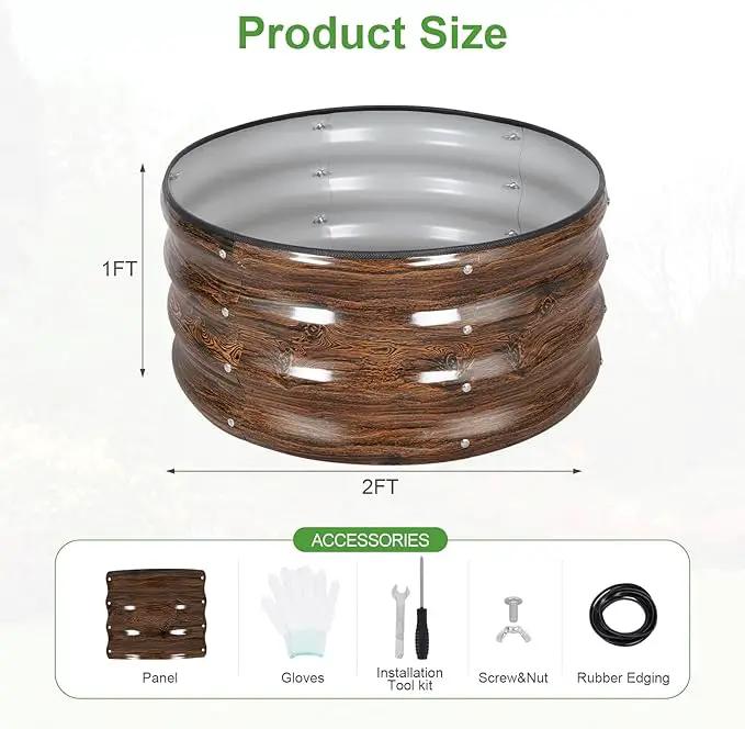 Galvanized Raised Garden Bed- 2Pcs 2x2x1FT Metal Planter Boxes Outdoor | Round Steel Raised Bed Kit & Fire Pit Ring for Gardening with Protective Tape, Gloves for Vegetables (Wood Grain) by GreenHaven Gardens
