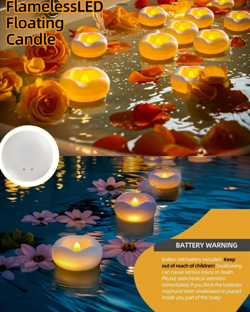 12x 2”Floating Candle, 200 Hour Water Activated Warm White Battery Powered Flameless LED Floating Candle Floating for centerpieces/Bathtub/Pool/Fountain by GreenHaven Gardens