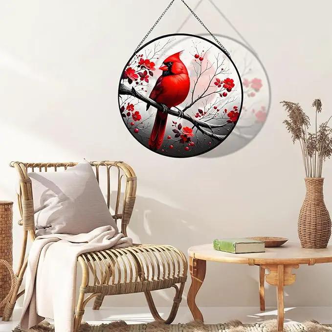 RIVEENY Cardinal Stained Glass Window Hanging,Cardinal Stained Glass Suncatcher,8" Window Suncatcher Hanging Ornaments Wall Art, Hand-Painted Glass Panel Home Decor for Mom Grandma by GreenHaven Gardens