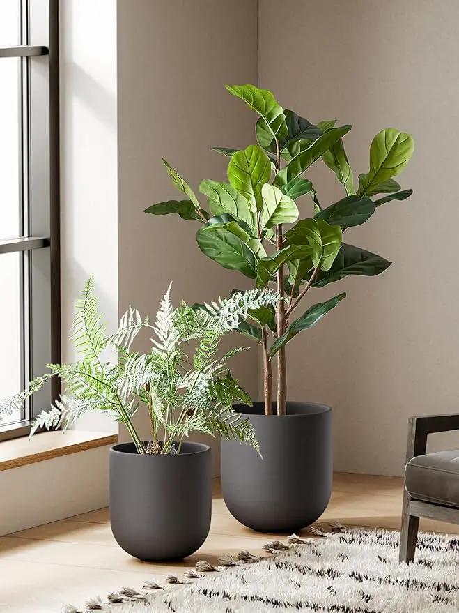 LE TAUCI 10 Inch Plant Pot, Ceramic Pots for Plants with Drainage Hole and Rubber Plug, Plant Pots Indoor for Home Garden Patio Office, Cylinder Planters for Indoor Plants, Charcoal Gray by GreenHaven Gardens