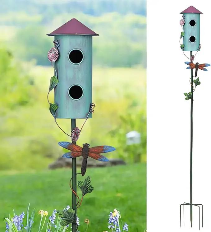 BAYN 57” Bird Houses Stake for Outside, Metal Wild Bird Feeder Double-Hole Birdhouse Stake with Cylinders Design Outdoor Decorations for Patio, Backyard, Garden by GreenHaven Gardens