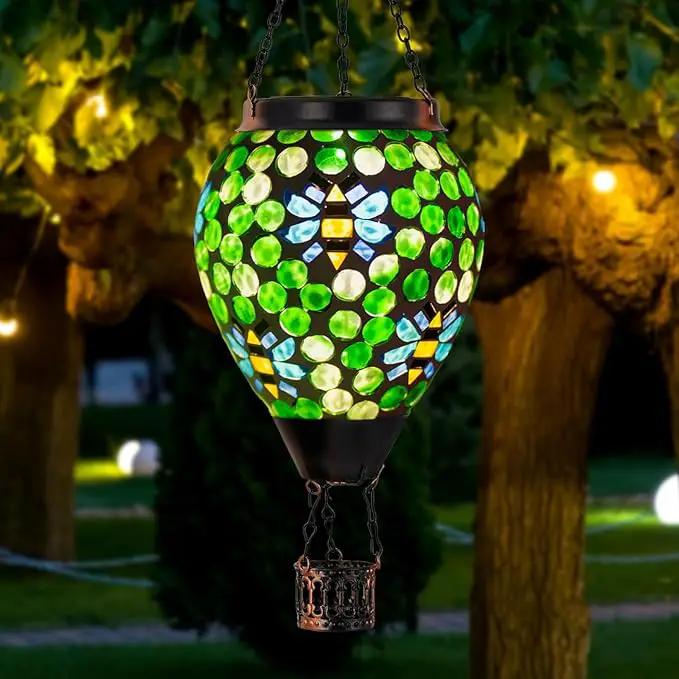 Bee Solar Hot Air Balloon Lantern Outdoor Waterproof, Green Mosaic Glass Hanging Solar Lantern Lights, Outdoor Hanging Lights for Patio Yard Garden Gift for Mom Grandma Women by GreenHaven Gardens