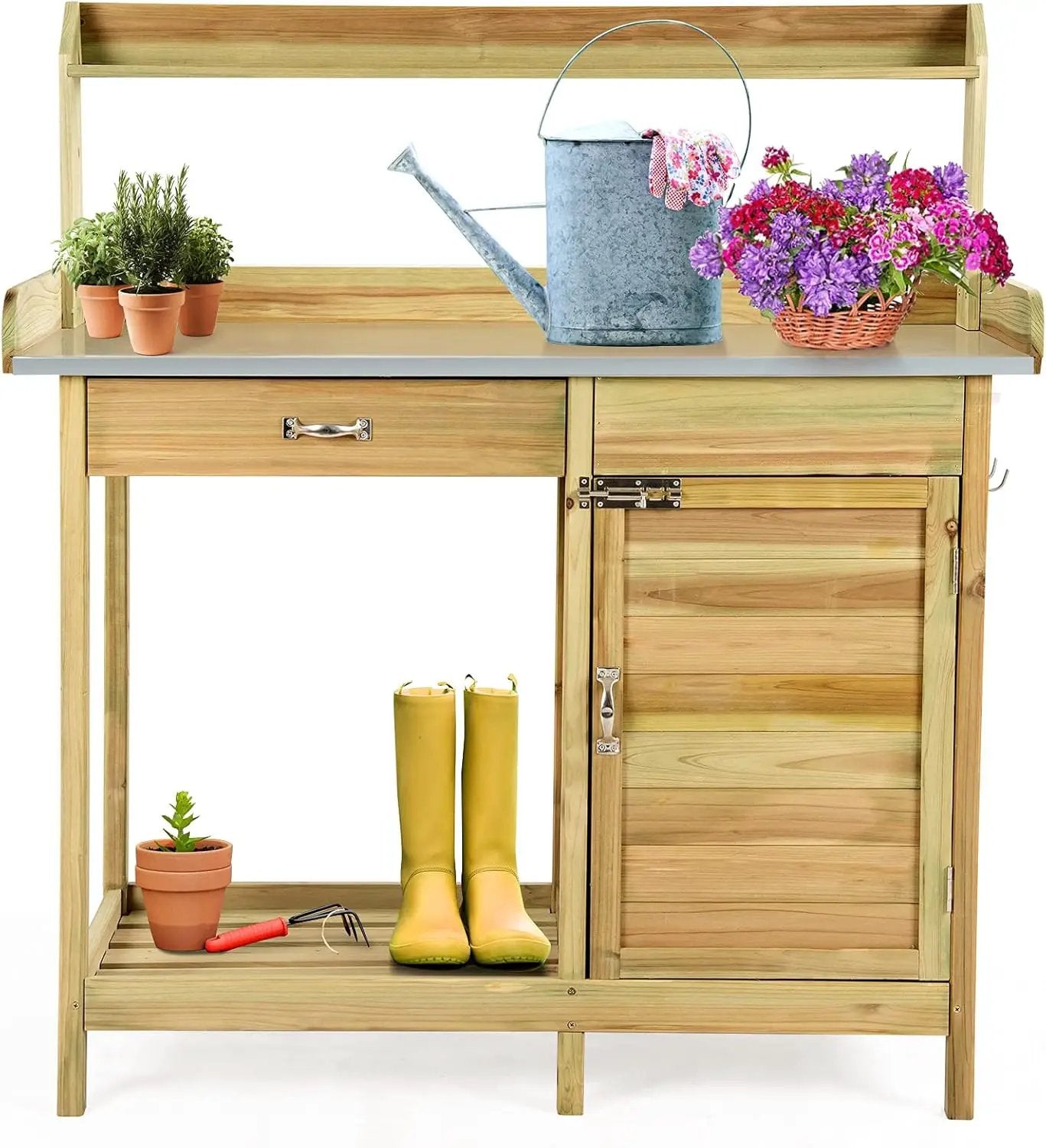 S AFSTAR Outdoor Potting Bench Table, Wooden Garden Work Station with Drawer, Storage Cabinet, Open Shelf, Side Hooks, Metal Tabletop Gardening Workbench, Potting Benches for Outside Backyard Balcony by GreenHaven Gardens