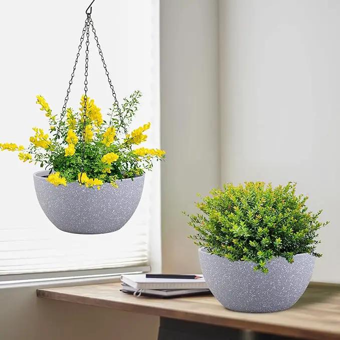 10 inch Hanging Planters for Indoor Outdoor Plants, 2 Pack Hanging Flower Pots with Drainage Holes and Chain for Garden Porch, Plastic Hanging Baskets for House Plants, Speckled Grey by GreenHaven Gardens