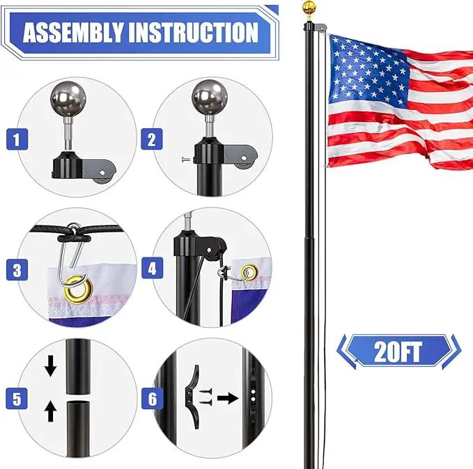 Flag Pole for Outside in Ground, 20FT Sectional Extra Thick Flagpole Kit, Heavy Duty Aluminum Outdoor Flag Poles with 3x5 American Flag for Yard, Garden, Residential or Commercial, Black by GreenHaven Gardens