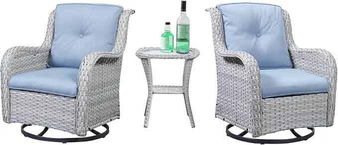 Outdoor Swivel Rocker Patio Chairs Set of 3, High Back Swivel Patio Chairs Wicker Furniture Set, 2 PCS Rattan Swivel Rocking Chair with Side Table, Light Grey Wicker by GreenHaven Gardens
