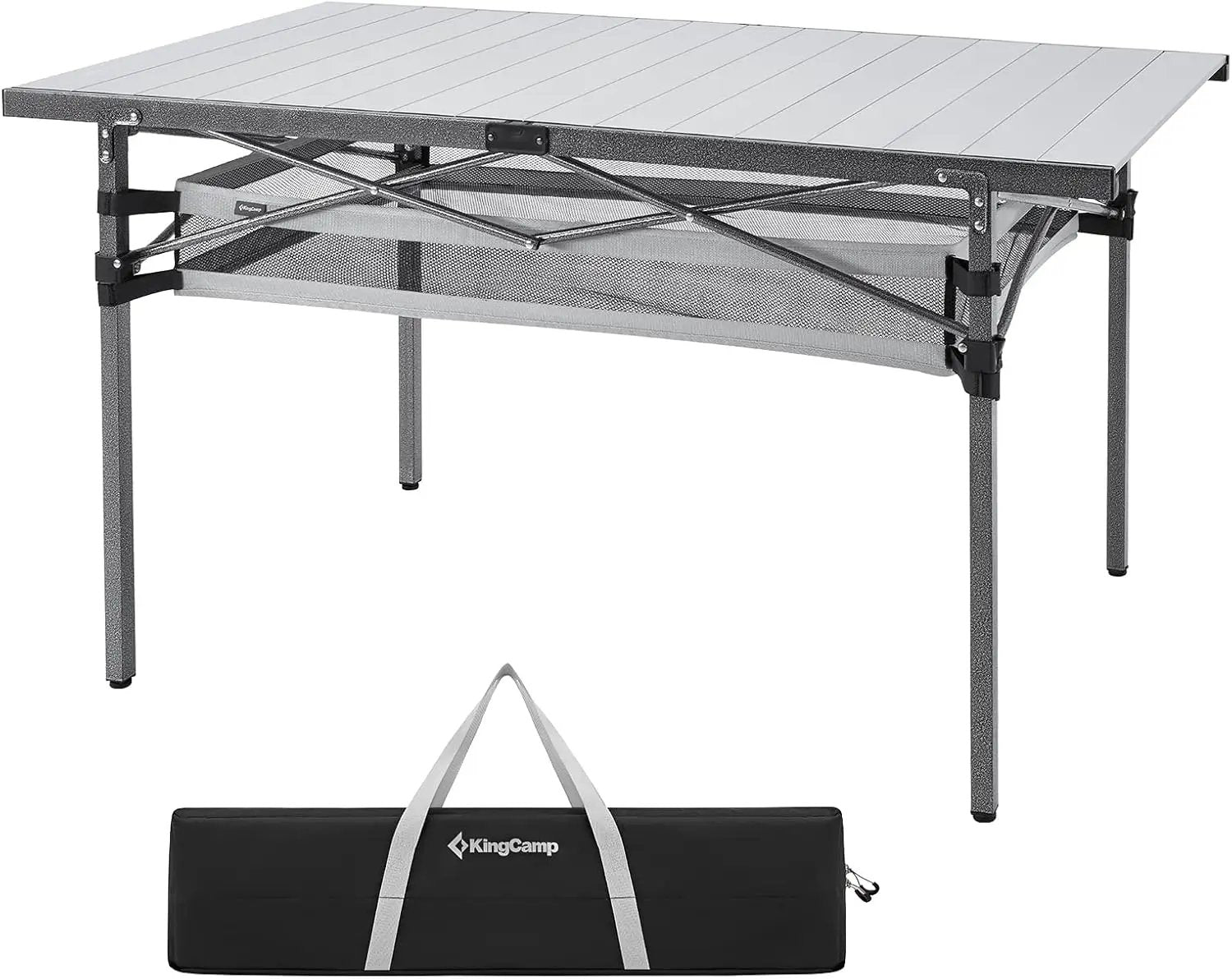 KingCamp Spacious Tabletop Area Aluminum Compact Roll 4-6 Person Stable Adjustable Feet Table with Carry Bag for Outdoor Camp Picnic, Black/Siver_53.5"×27.5" with Storage Layer by GreenHaven Gardens