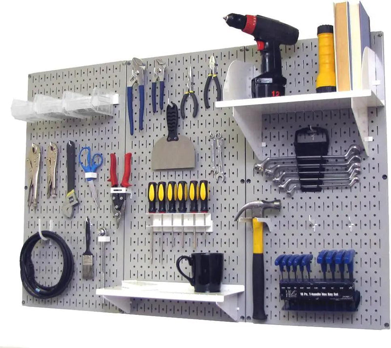 Wall Control Pegboard Organizer 4 ft. Metal Pegboard Standard Tool Storage Kit with Gray Toolboard and White Accessories by GreenHaven Gardens