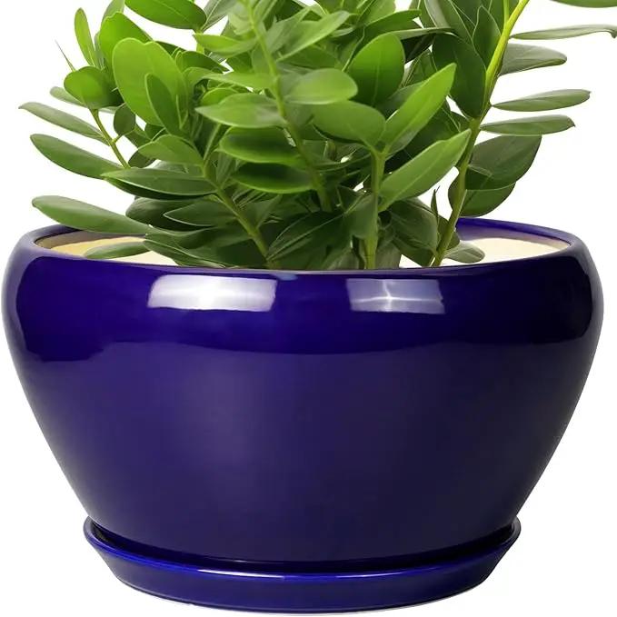 Ceramic Pot for Plants - 11 Inch Modern Round Indoor Planter with Drainage Hole and Planter Saucer for Flowers, Patio Office Home Room Decor, Gardening Gifts for Women & Men, Blue by GreenHaven Gardens