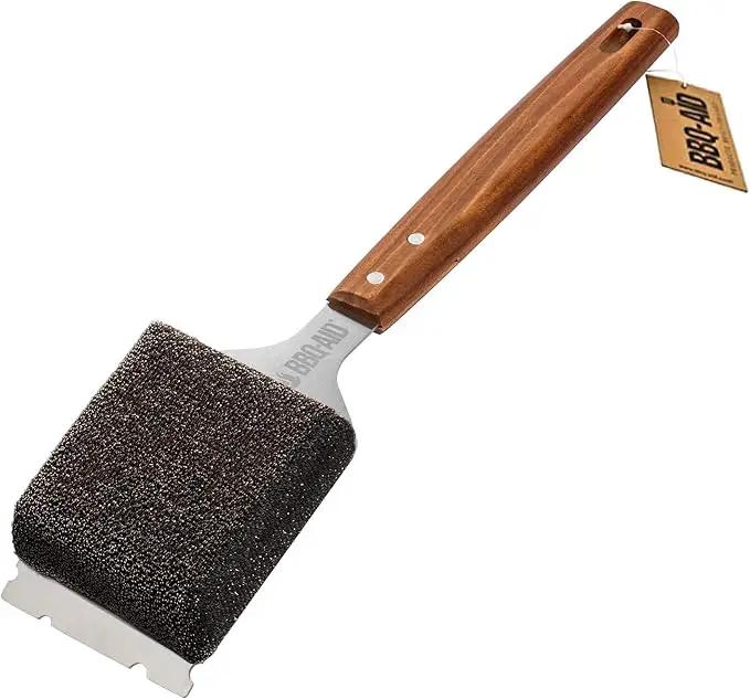 BBQ-AID Bristle Free Grill Brush and Scraper for Barbecue - Extended Large Wooden Handle With Replaceable Head - No Scratch BBQ Cleaning Accessories for Outdoor Grills by GreenHaven Gardens