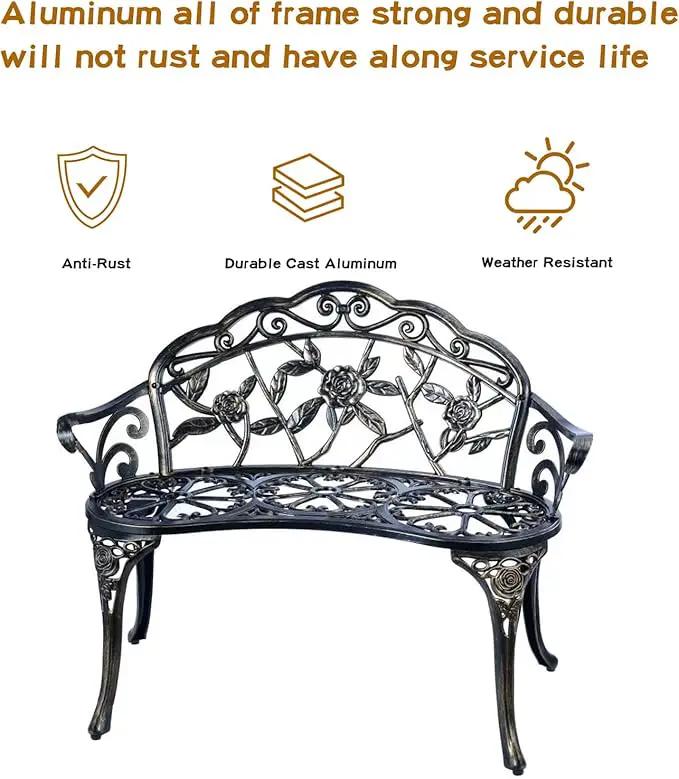 JARDIN DE CENTENNIAL Patio Garden Bench Metal Park Bench Cast Aluminum Outdoor Furniture with Floral Rose for Patio,Park,Lawn,Yard (Copper) by GreenHaven Gardens