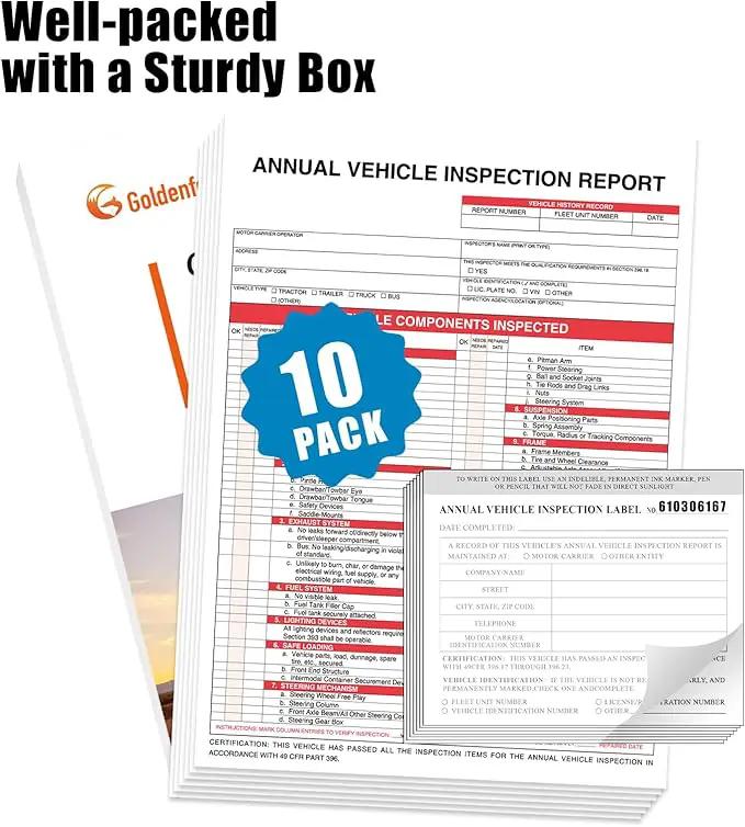Goldenfox DOT Inspection Forms and Stickers. 10-Pack,3-Ply Carbonless Annual Vehicle Inspection Report Form(8.5" x 11.75") with 2-Ply Vinyl White Interior Inspection Label(5"x4") by GreenHaven Gardens