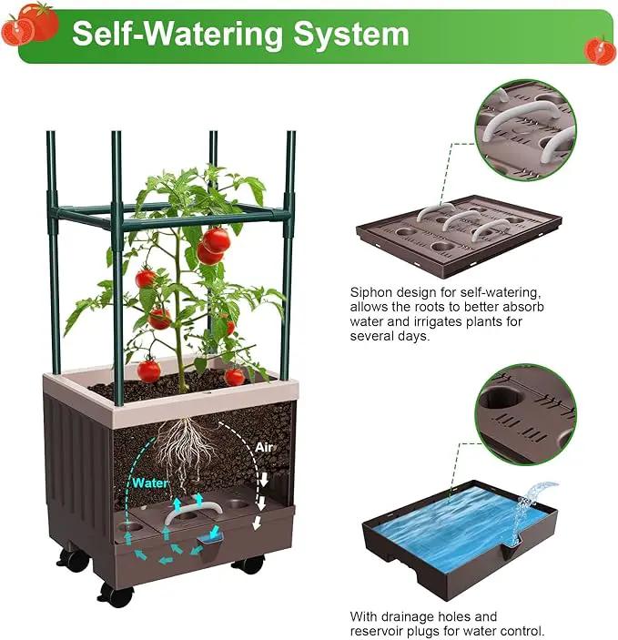 Raised Garden Bed Planter Boxes with Trellis,1pcs 70.9"Self-Watering Tomato Planter Boxes with Trellis for Climbing Vegetables Plants Flowers Tomato with Wheels,Use for Indoor Outdoor (Brown) by GreenHaven Gardens