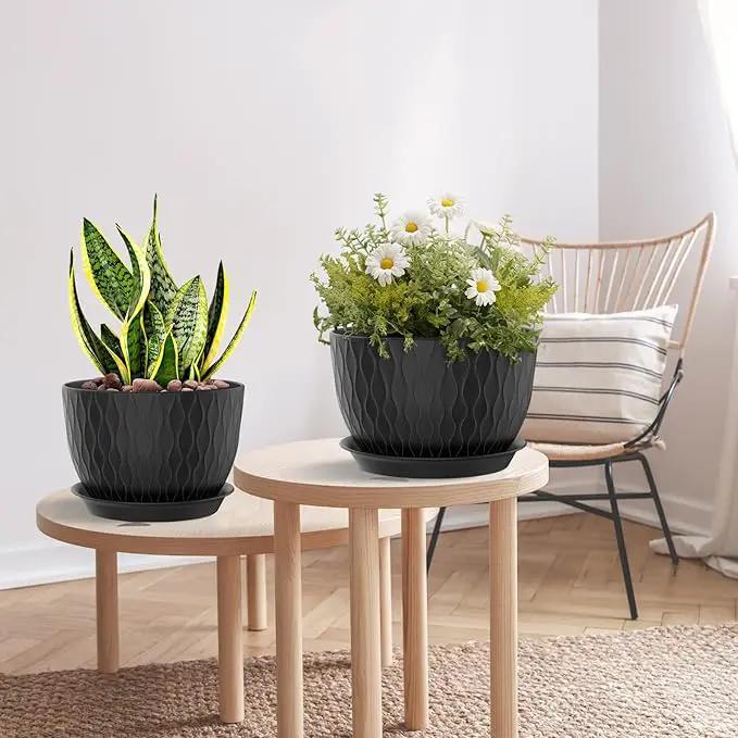 Plant Pots 12/10/9 Inch Pots, Set of 3 Plastic Planters with Drainage Holes and Saucers,Plastic Flower Pots,Nursery Planting Pot for Indoor Out Door Plants（Black） by GreenHaven Gardens
