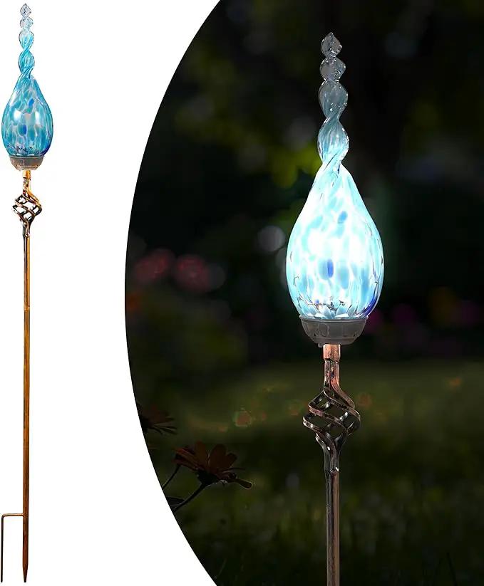 Garden Solar Light, Decorative LED Flame Garden Stakes, Hand Blown Glass and Metal Outdoor Decoration, 3 x 36 Inches (Light Blue) by GreenHaven Gardens