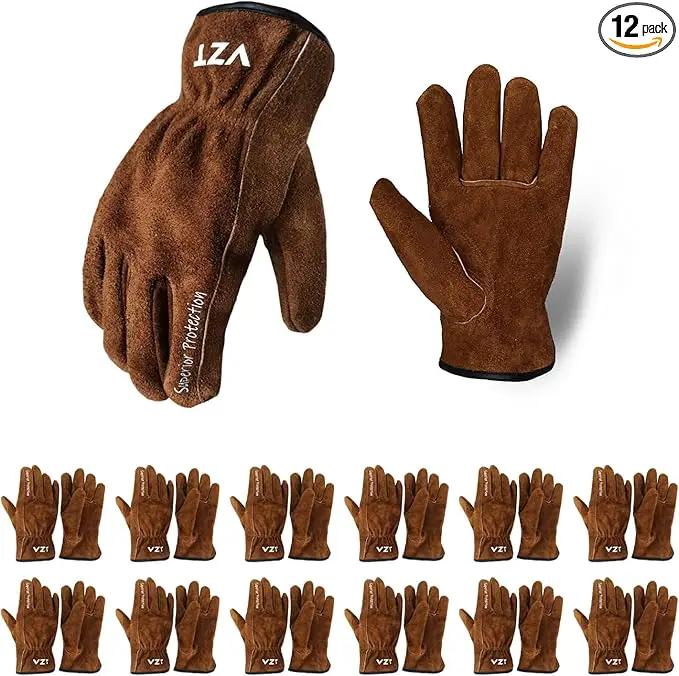 12 Pairs Bulk Leather Work Gloves for Men or Women for Gardening, Construction, Truck, Driving, Farm, Ranch, Woodworker, Soft, Cowhide Thickened, Water Resistant, Brown, Medium by GreenHaven Gardens