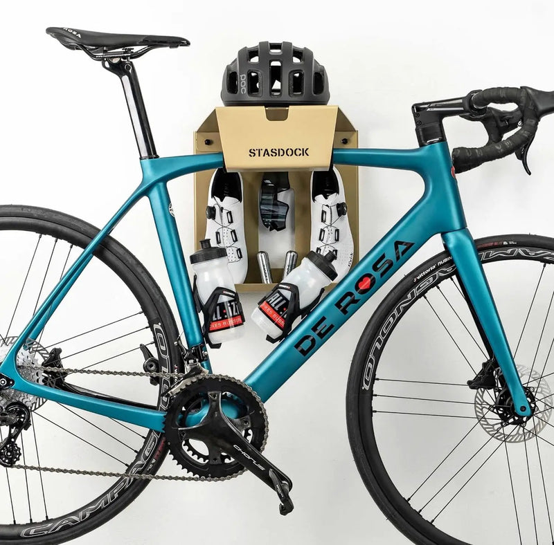 Wall Bike Rack | Bike Storage Wall Mount System | For Race Bicycles (New Gold) and Mountain Bikes | Bike Shelf | Indoor bike wall bracket | Store your helmet and shoes | Home and Garage by GreenHaven Gardens