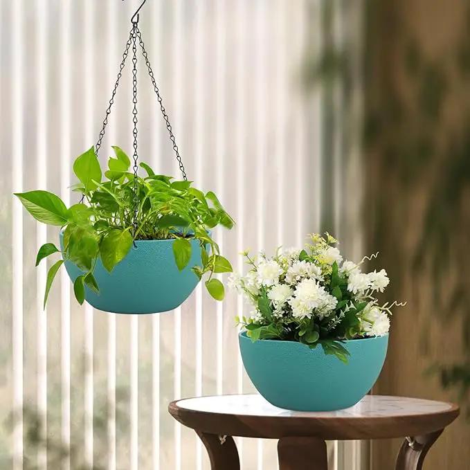 12 inch Large Hanging Planters for Indoor Outdoor Plants, 2 Pack Hanging Flower Plant Pots with Drainage Holes and Chain for Garden Porch, Plastic Hanging Baskets for House Plants, Blue Green by GreenHaven Gardens