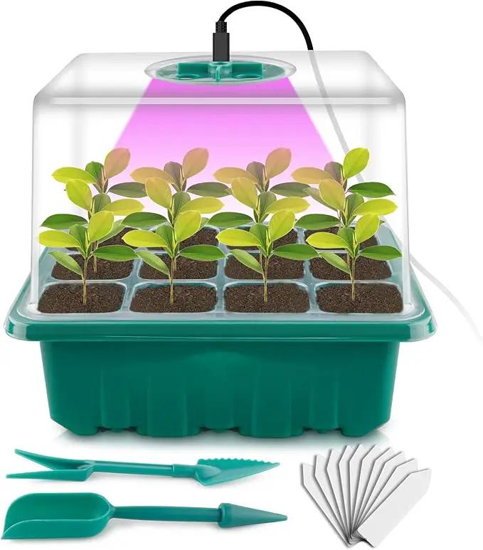 Seed Starter Tray with Grow Light, Seed Starter Kit, Plant Germination Starting Trays with Humidity Dome and Base for Greenhouse Grow Wheatgrass Hydroponic(12 Cells per Tray)(with Grow Lights) by GreenHaven Gardens