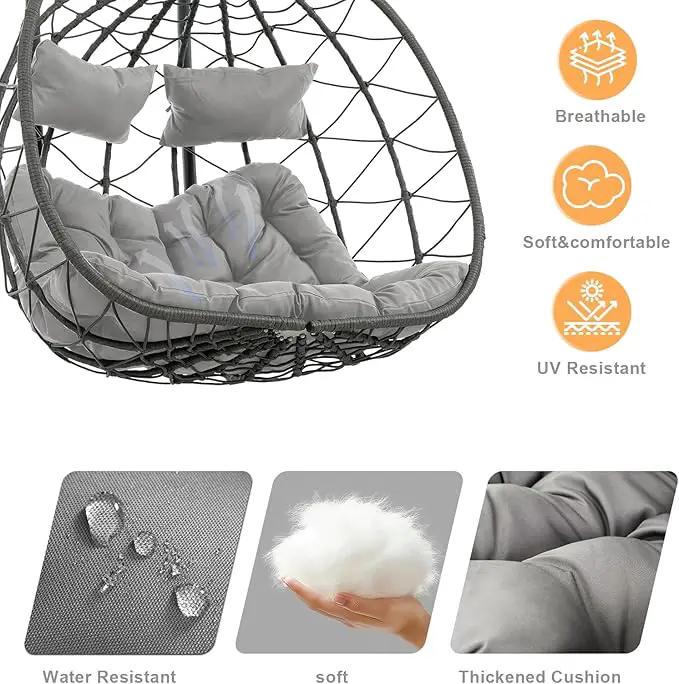 2 Person Double Egg Swing Chair with Stand Indoor Outdoor, Hammock Egg Chair Outdoor, Patio Wicker Hanging Egg Chair w/Cushion 700LBS Capacity for Bedroom, Balcony, Garden, Grey by GreenHaven Gardens