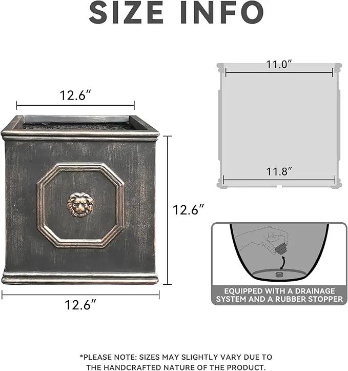 Kante Square Lion Head Concrete Planter, Classic English Style Plant Pot with Drainage Hole and Rubber Plug for Indoor Outdoor Garden Patio Home, 12.6"x12.6"x12.6" Oil Rubbed Bronze by GreenHaven Gardens