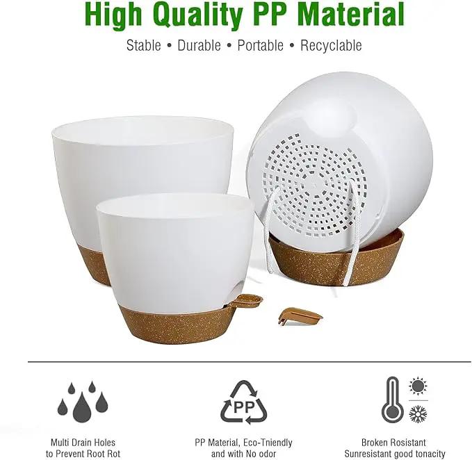 10/9/8 inch Self Watering Pots, Set of 3 Plastic Planters with Mesh Drainage Holes and Deep Reservoir for Indoor Outdoor Garden Plants and Flowers, White with Brown by GreenHaven Gardens