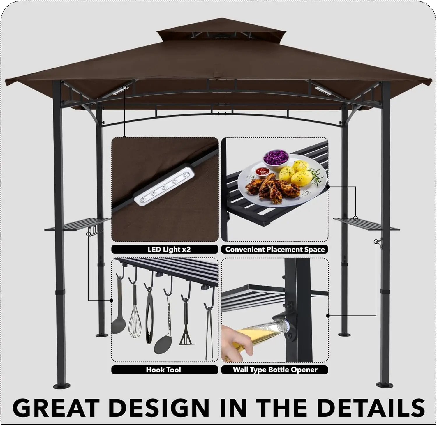 MASTERCANOPY 8 x 5 Grill Gazebo Outdoor BBQ Gazebo Canopy with 2 LED Lights (Brown) by GreenHaven Gardens