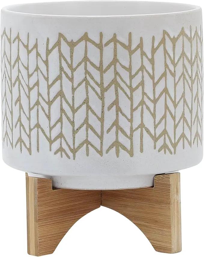 8" Ceramic Planter Stand, Ivory/Beige Chevron with Wooden Base, Indoor/Outdoor Planter with Stand for Your Succulents and Small Plants by GreenHaven Gardens