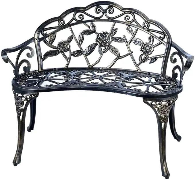 JARDIN DE CENTENNIAL Patio Garden Bench Metal Park Bench Cast Aluminum Outdoor Furniture with Floral Rose for Patio,Park,Lawn,Yard (Copper) by GreenHaven Gardens