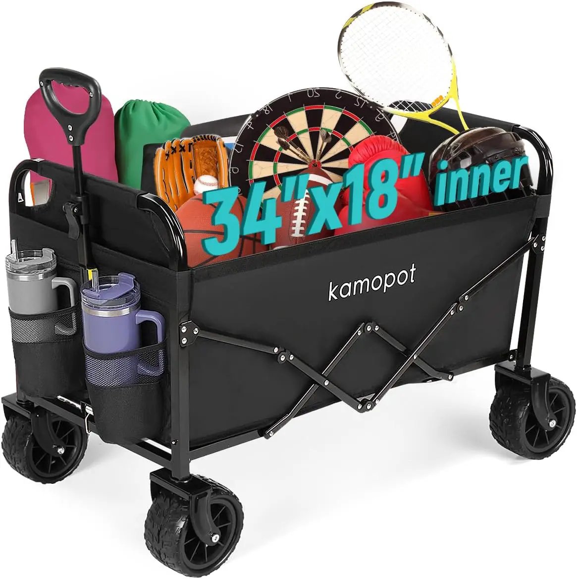 Large Collapsible Wagon Foldable for Beach, Yard, Grocery, Park, 34" x 18" Inner Storage. 300lb Heavy Duty Folding Utility Wagon on Big Wheels for Sand, Durable w/Cupholders by GreenHaven Gardens